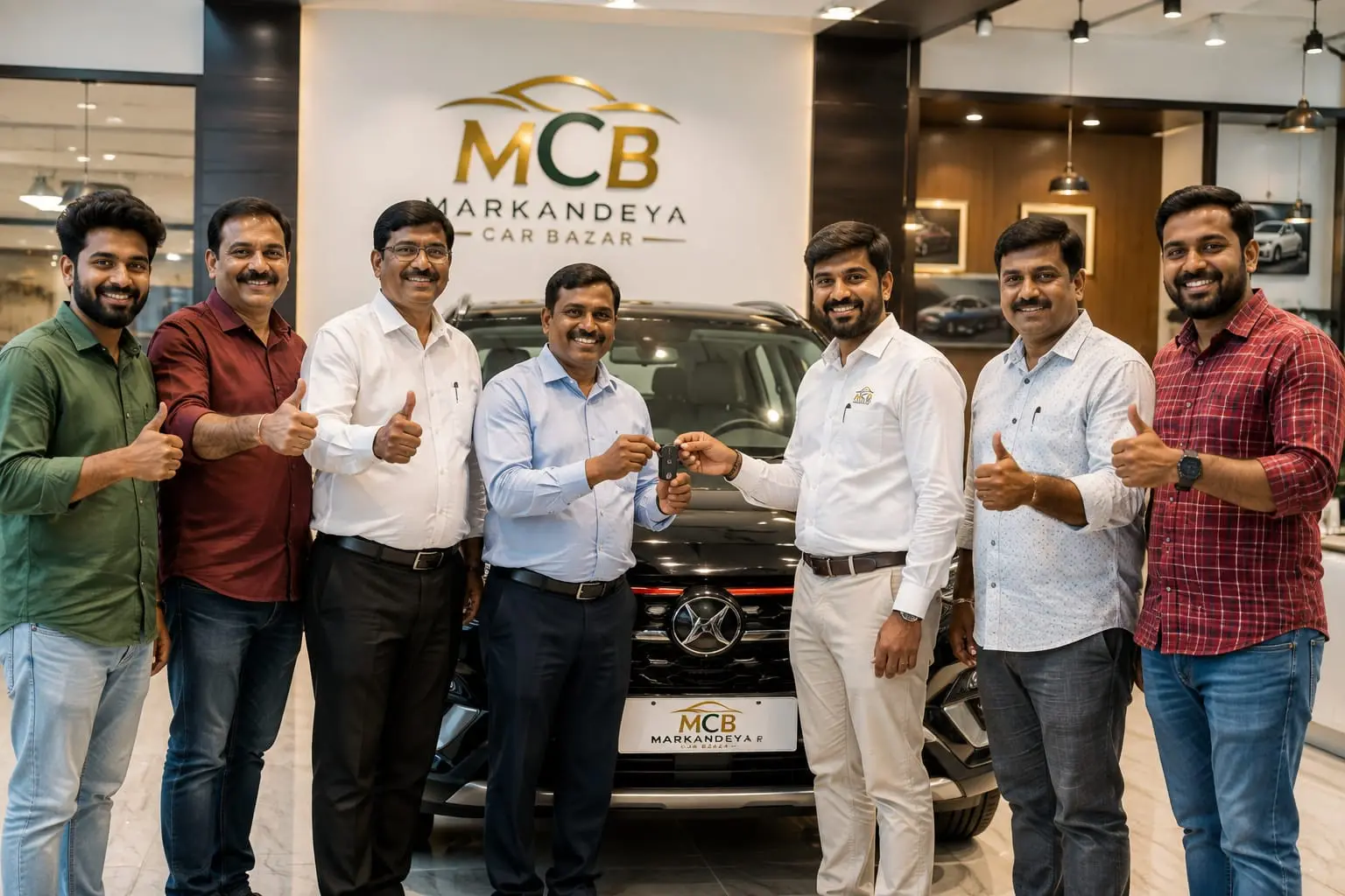 The CARS 365 team handing over car keys to a customer at the Boduppal showroom